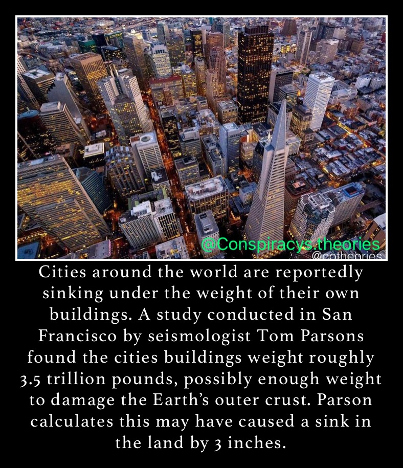 Cities around the world are reportedly sinking under the weight of their own buildings. A study conducted in San Francisco by seismologist Tom Parsons found the cities buildings weight roughly 3.5 trillion pounds, possibly enough weight to damage the Earth’s outer crust. Parson calculates this may have caused a sink in the land by 3 inches.