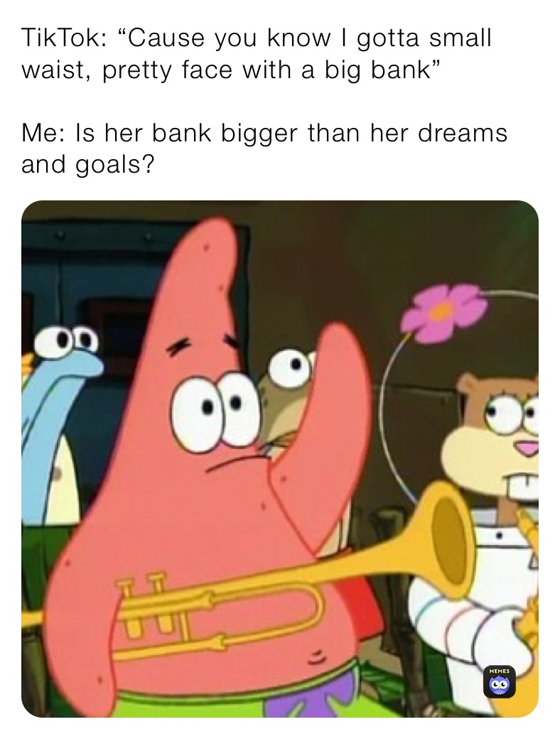 TikTok: “Cause you know I gotta small waist, pretty face with a big bank”  Me: Is her bank bigger than her dreams and goals? | @chrisbyrd89999 | Memes