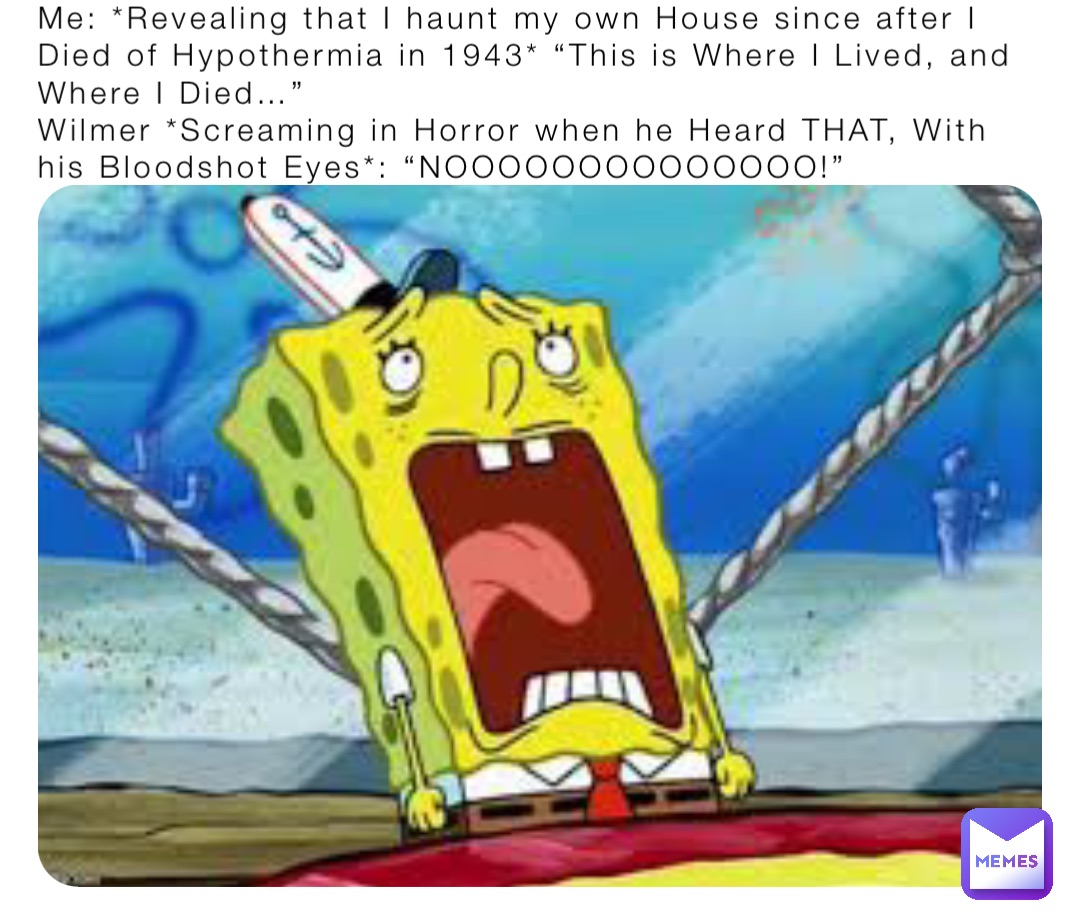 Me: *Revealing that I haunt my own House since after I Died of Hypothermia in 1943* “This is Where I Lived, and Where I Died…”
Wilmer *Screaming in Horror when he Heard THAT, With his Bloodshot Eyes*: “NOOOOOOOOOOOOOO!”