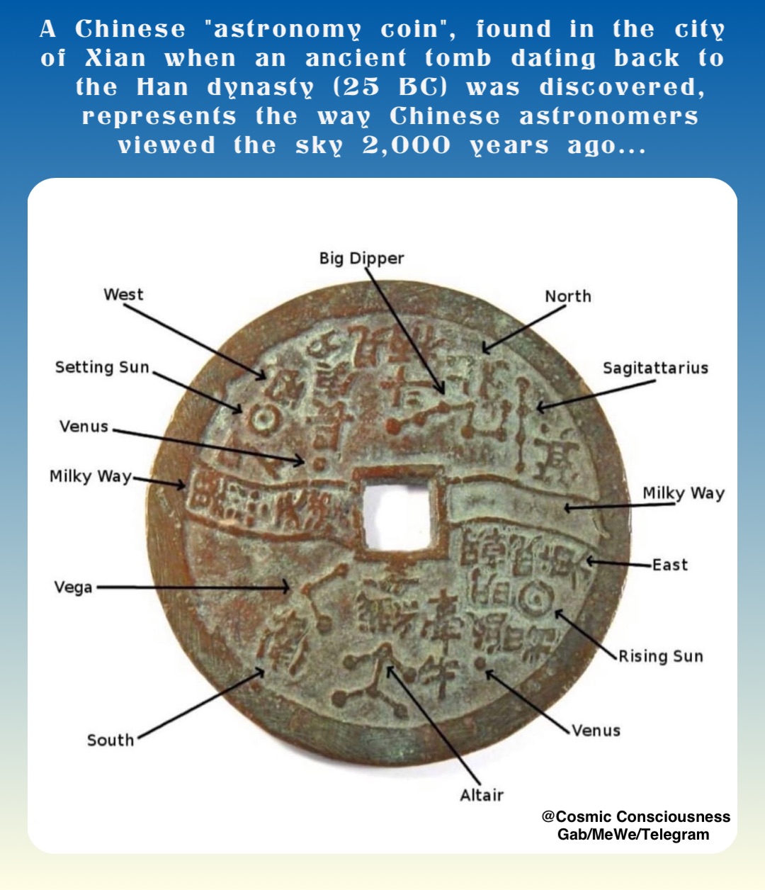 A Chinese "astronomy coin", found in the city of Xian when an ancient tomb dating back to the Han dynasty (25 BC) was discovered, represents the way Chinese astronomers viewed the sky 2,000 years ago... @Cosmic Consciousness 
Gab/MeWe/Telegram