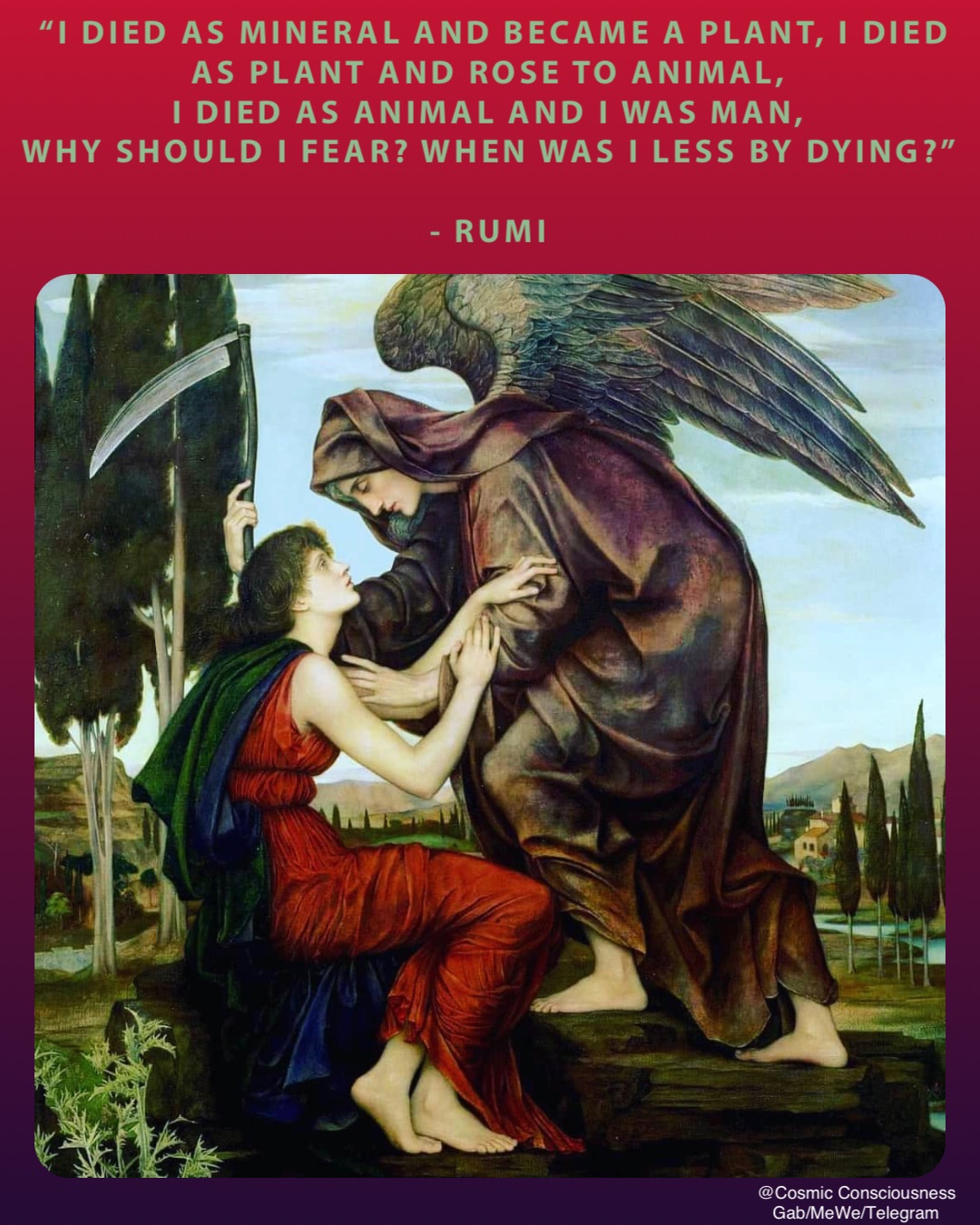 “I DIED AS MINERAL AND BECAME A PLANT, I DIED AS PLANT AND ROSE TO ANIMAL,
I DIED AS ANIMAL AND I WAS MAN,
WHY SHOULD I FEAR? WHEN WAS I LESS BY DYING?”

- RUMI @Cosmic Consciousness 
Gab/MeWe/Telegram