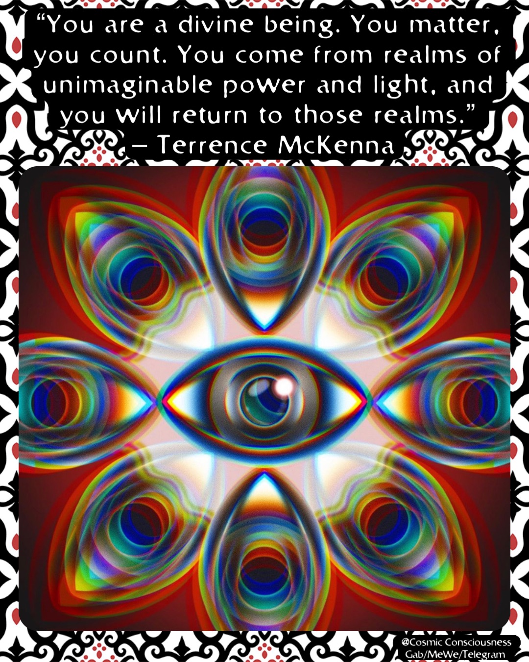 “You are a divine being. You matter, you count. You come from realms of unimaginable power and light, and you will return to those realms.” 
– Terrence McKenna @Cosmic Consciousness 
Gab/MeWe/Telegram