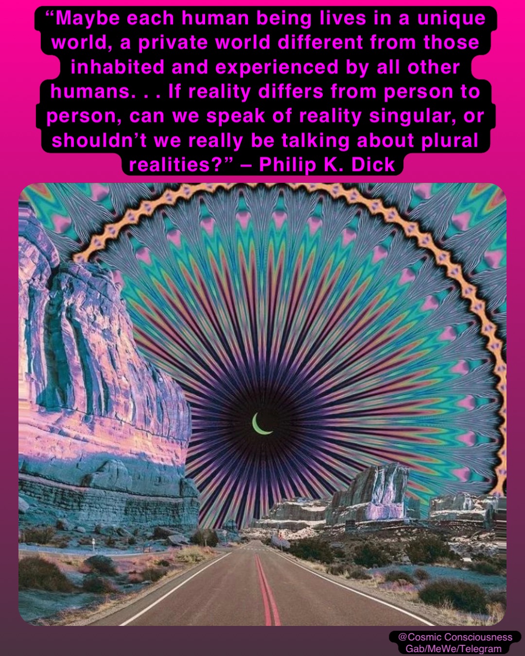 “Maybe each human being lives in a unique world, a private world different from those inhabited and experienced by all other humans. . . If reality differs from person to person, can we speak of reality singular, or shouldn’t we really be talking about plural realities?” – Philip K. Dick @Cosmic Consciousness 
Gab/MeWe/Telegram