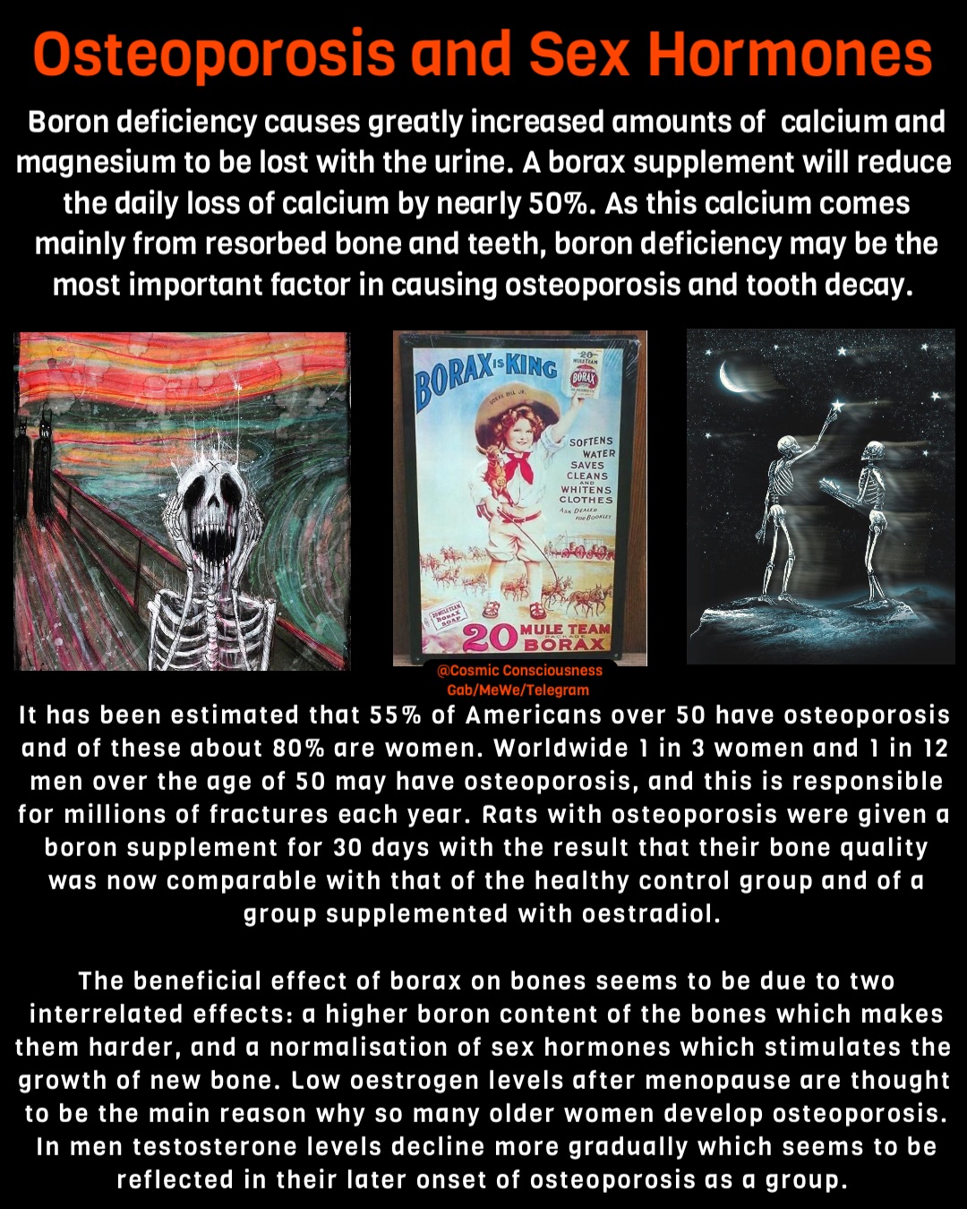 Osteoporosis and Sex Hormones Boron deficiency causes greatly increased amounts of  calcium and magnesium to be lost with the urine. A borax supplement will reduce the daily loss of calcium by nearly 50%. As this calcium comes mainly from resorbed bone and teeth, boron deficiency may be the most important factor in causing osteoporosis and tooth decay. It has been estimated that 55% of Americans over 50 have osteoporosis and of these about 80% are women. Worldwide 1 in 3 women and 1 in 12 men over the age of 50 may have osteoporosis, and this is responsible for millions of fractures each year. Rats with osteoporosis were given a boron supplement for 30 days with the result that their bone quality was now comparable with that of the healthy control group and of a group supplemented with oestradiol.

The beneficial effect of borax on bones seems to be due to two interrelated effects: a higher boron content of the bones which makes them harder, and a normalisation of sex hormones which stimulates the growth of new bone. Low oestrogen levels after menopause are thought to be the main reason why so many older women develop osteoporosis. In men testosterone levels decline more gradually which seems to be reflected in their later onset of osteoporosis as a group. @Cosmic Consciousness 
Gab/MeWe/Telegram