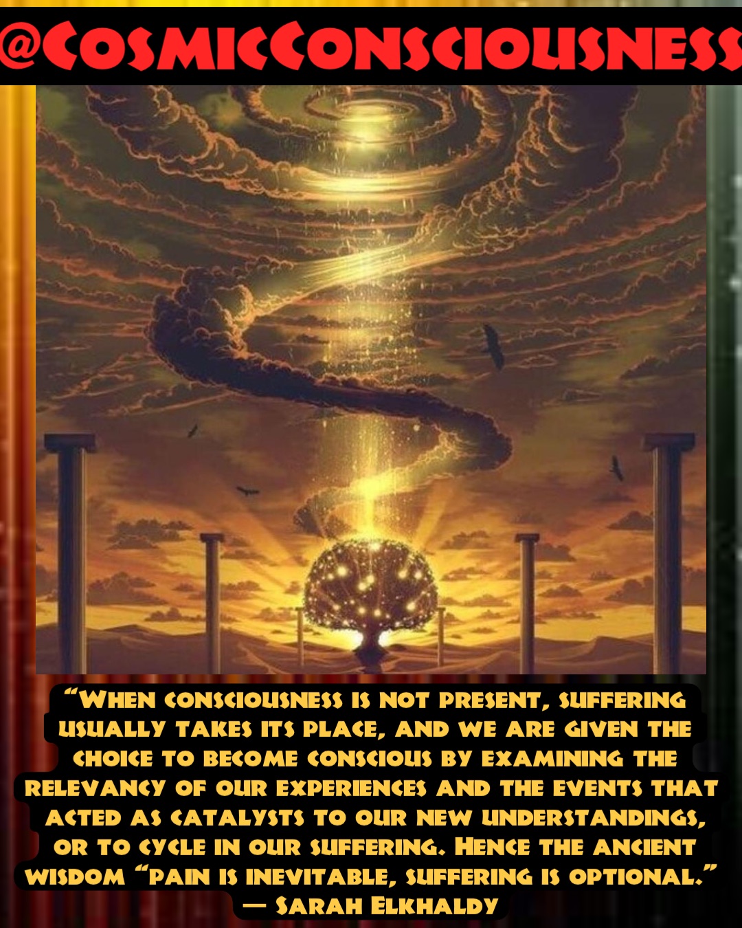 “When consciousness is not present, suffering usually takes its place, and we are given the choice to become conscious by examining the relevancy of our experiences and the events that acted as catalysts to our new understandings, or to cycle in our suffering. Hence the ancient wisdom “pain is inevitable, suffering is optional.⁣”⁣⁣⁣
— Sarah Elkhaldy⁣⁣⁣ @CosmicConsciousness