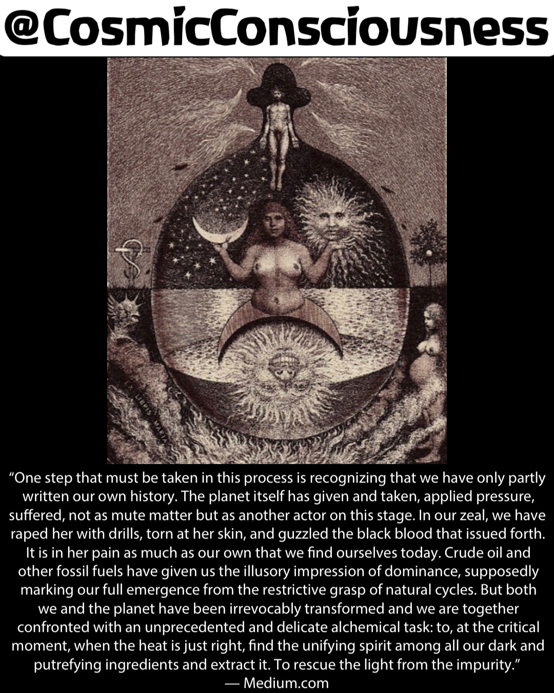 “One step that must be taken in this process is recognizing that we have only partly written our own history. The planet itself has given and taken, applied pressure, suffered, not as mute matter but as another actor on this stage. In our zeal, we have raped her with drills, torn at her skin, and guzzled the black blood that issued forth. It is in her pain as much as our own that we find ourselves today. Crude oil and other fossil fuels have given us the illusory impression of dominance, supposedly marking our full emergence from the restrictive grasp of natural cycles. But both we and the planet have been irrevocably transformed and we are together confronted with an unprecedented and delicate alchemical task: to, at the critical moment, when the heat is just right, find the unifying spirit among all our dark and putrefying ingredients and extract it. To rescue the light from the impurity.”
— Medium.com @CosmicConsciousness