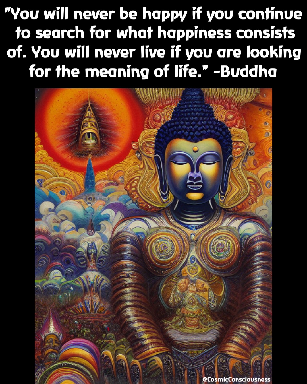 "You will never be happy if you continue to search for what happiness consists of. You will never live if you are looking for the meaning of life." -Buddha @CosmicConsciousness