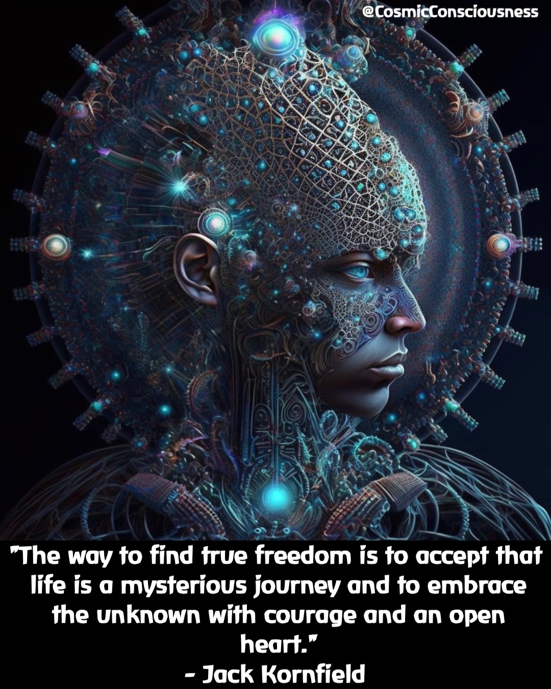 "The way to find true freedom is to accept that life is a mysterious journey and to embrace the unknown with courage and an open heart." 
- Jack Kornfield @CosmicConsciousness