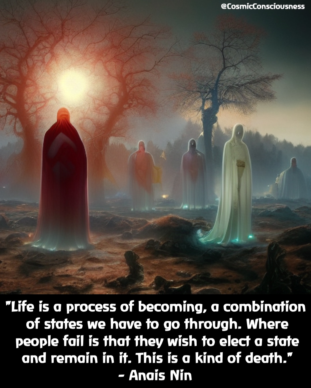 "Life is a process of becoming, a combination of states we have to go through. Where people fail is that they wish to elect a state and remain in it. This is a kind of death."
- Anais Nin @CosmicConsciousness "Life is a process of becoming, a combination of states we have to go through. Where people fail is that they wish to elect a state and remain in it. This is a kind of death."
- Anais Nin @CosmicConsciousness
