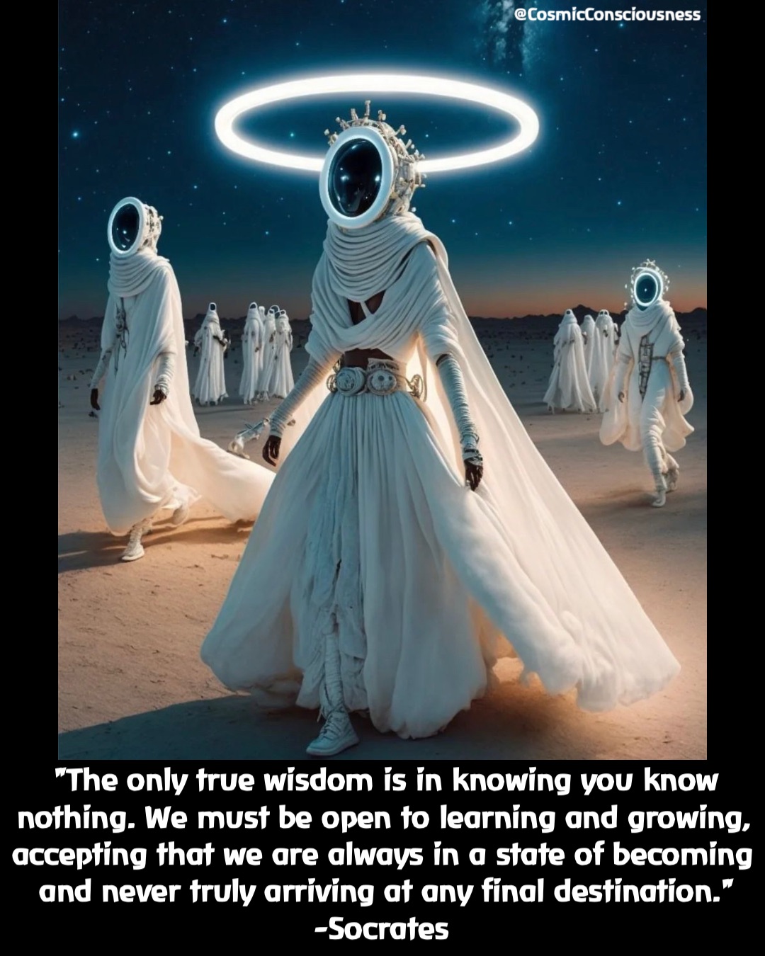 "The only true wisdom is in knowing you know nothing. We must be open to learning and growing, accepting that we are always in a state of becoming and never truly arriving at any final destination." 
-Socrates @CosmicConsciousness