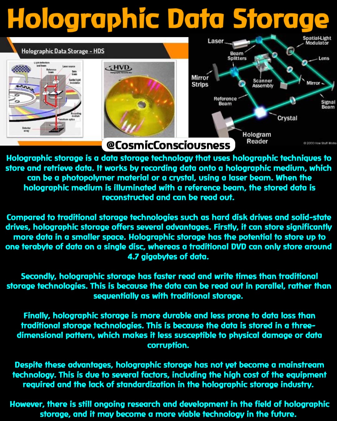 Holographic Data Storage Holographic storage is a data storage technology that uses holographic techniques to store and retrieve data. It works by recording data onto a holographic medium, which can be a photopolymer material or a crystal, using a laser beam. When the holographic medium is illuminated with a reference beam, the stored data is reconstructed and can be read out.

Compared to traditional storage technologies such as hard disk drives and solid-state drives, holographic storage offers several advantages. Firstly, it can store significantly more data in a smaller space. Holographic storage has the potential to store up to one terabyte of data on a single disc, whereas a traditional DVD can only store around 4.7 gigabytes of data.

Secondly, holographic storage has faster read and write times than traditional storage technologies. This is because the data can be read out in parallel, rather than sequentially as with traditional storage.

Finally, holographic storage is more durable and less prone to data loss than traditional storage technologies. This is because the data is stored in a three-dimensional pattern, which makes it less susceptible to physical damage or data corruption.

Despite these advantages, holographic storage has not yet become a mainstream technology. This is due to several factors, including the high cost of the equipment required and the lack of standardization in the holographic storage industry.

However, there is still ongoing research and development in the field of holographic storage, and it may become a more viable technology in the future. @CosmicConsciousness