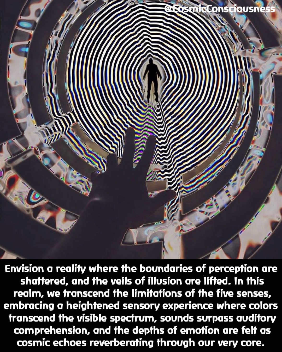 Envision a reality where the boundaries of perception are shattered, and the veils of illusion are lifted. In this realm, we transcend the limitations of the five senses, embracing a heightened sensory experience where colors transcend the visible spectrum, sounds surpass auditory comprehension, and the depths of emotion are felt as cosmic echoes reverberating through our very core. @CosmicConsciousness