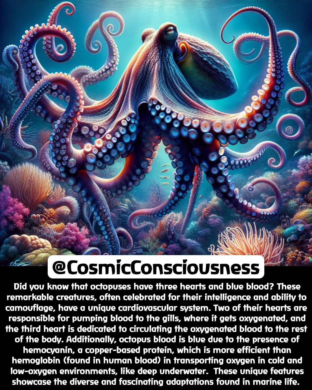 Did you know that octopuses have three hearts and blue blood? These remarkable creatures, often celebrated for their intelligence and ability to camouflage, have a unique cardiovascular system. Two of their hearts are responsible for pumping blood to the gills, where it gets oxygenated, and the third heart is dedicated to circulating the oxygenated blood to the rest of the body. Additionally, octopus blood is blue due to the presence of hemocyanin, a copper-based protein, which is more efficient than hemoglobin (found in human blood) in transporting oxygen in cold and low-oxygen environments, like deep underwater.  These unique features showcase the diverse and fascinating adaptations found in marine life. @CosmicConsciousness