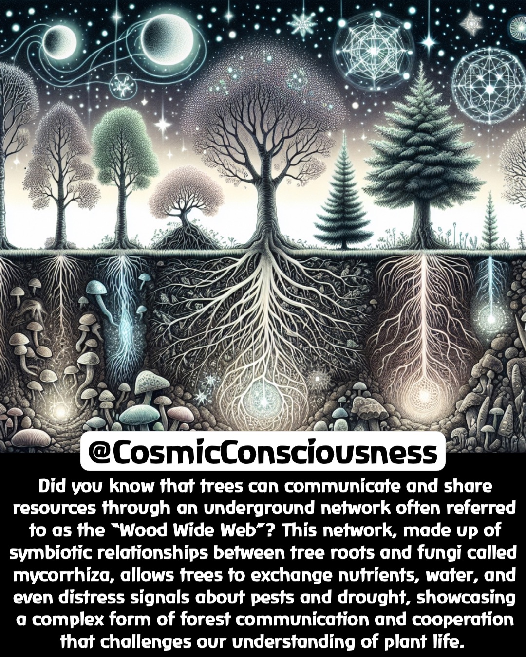 Did you know that trees can communicate and share resources through an underground network often referred to as the “Wood Wide Web”? This network, made up of symbiotic relationships between tree roots and fungi called mycorrhiza, allows trees to exchange nutrients, water, and even distress signals about pests and drought, showcasing a complex form of forest communication and cooperation that challenges our understanding of plant life. @CosmicConsciousness