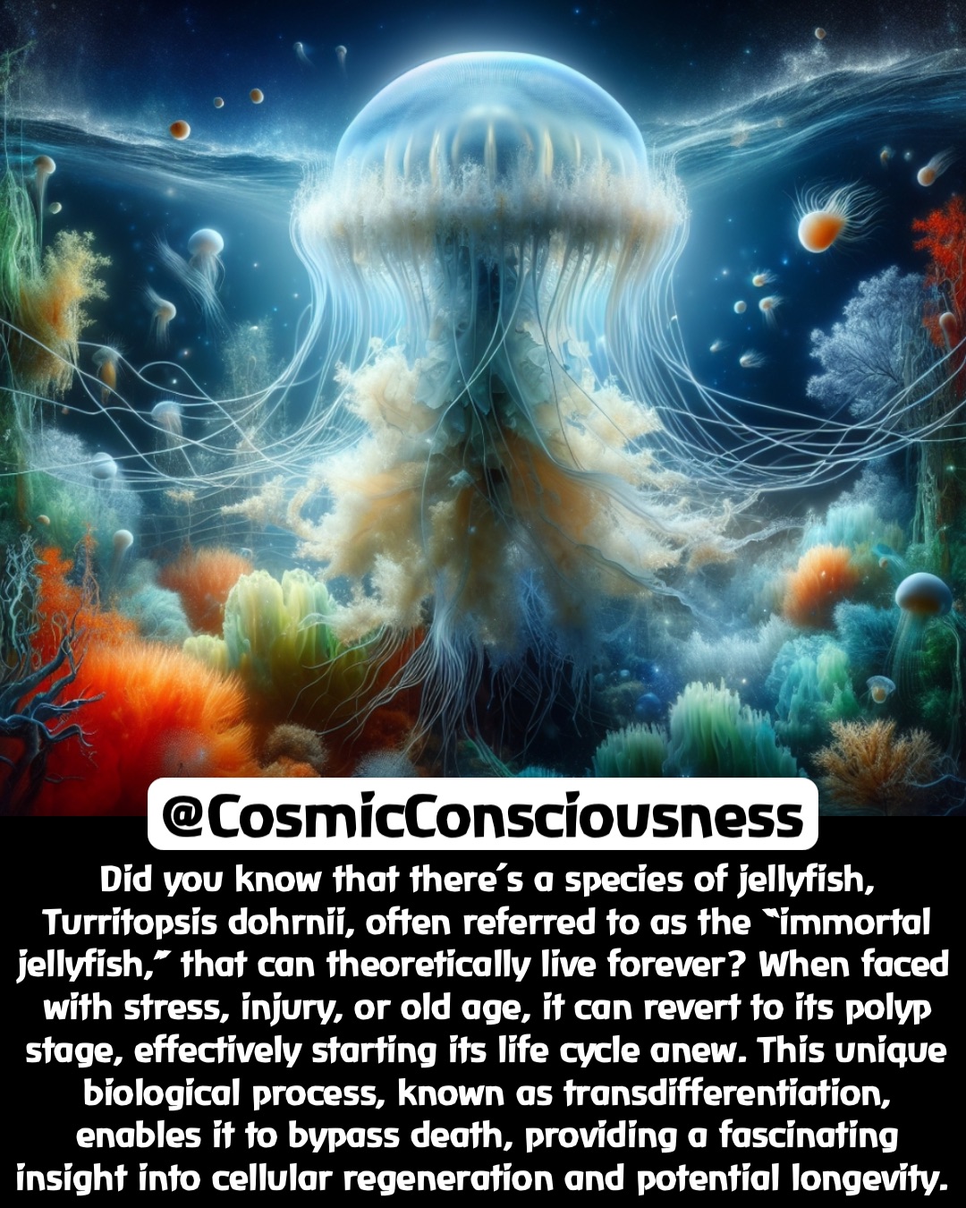 Did you know that there’s a species of jellyfish, Turritopsis dohrnii, often referred to as the “immortal jellyfish,” that can theoretically live forever? When faced with stress, injury, or old age, it can revert to its polyp stage, effectively starting its life cycle anew. This unique biological process, known as transdifferentiation, enables it to bypass death, providing a fascinating insight into cellular regeneration and potential longevity. @CosmicConsciousness