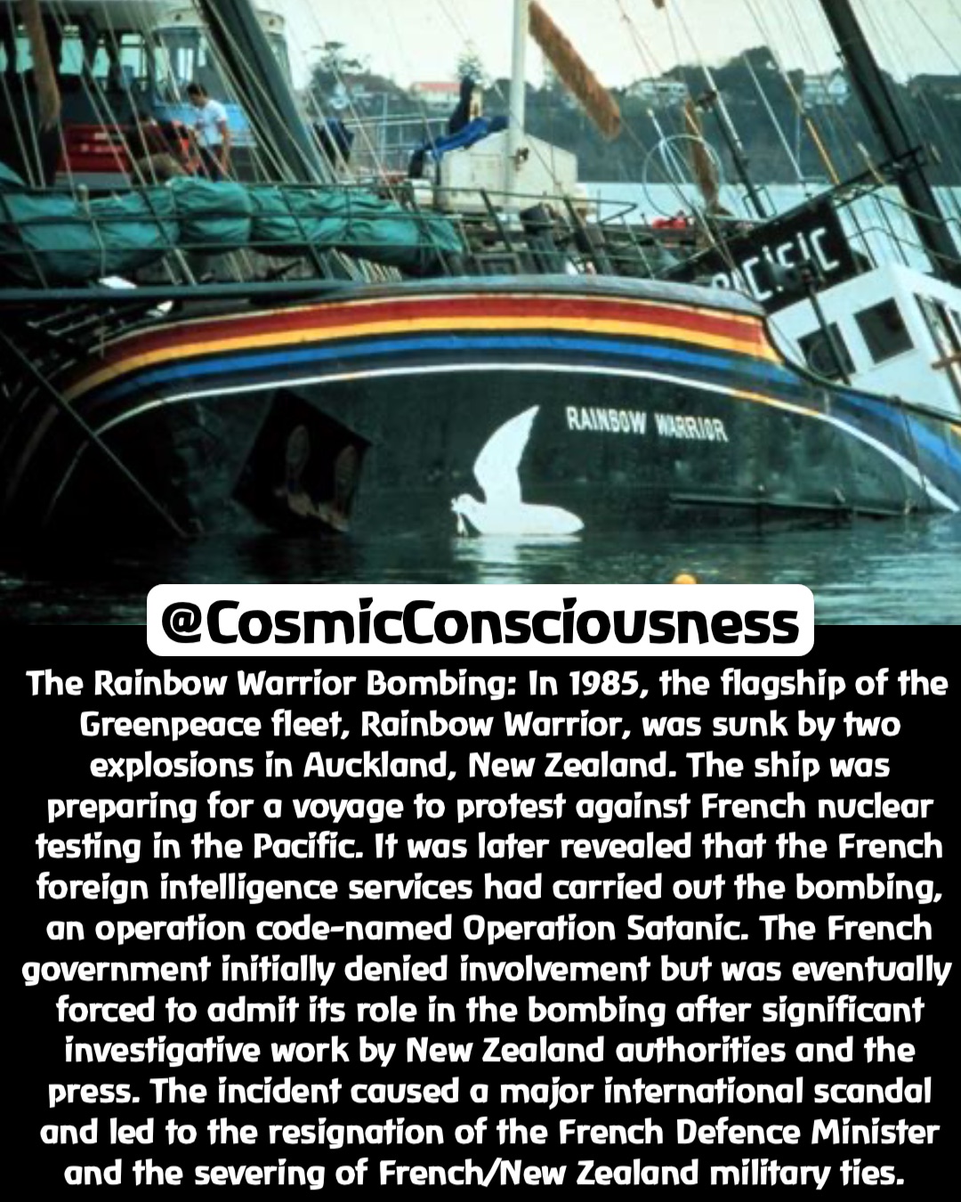 The Rainbow Warrior Bombing: In 1985, the flagship of the Greenpeace fleet, Rainbow Warrior, was sunk by two explosions in Auckland, New Zealand. The ship was preparing for a voyage to protest against French nuclear testing in the Pacific. It was later revealed that the French foreign intelligence services had carried out the bombing, an operation code-named Operation Satanic. The French government initially denied involvement but was eventually forced to admit its role in the bombing after significant investigative work by New Zealand authorities and the press. The incident caused a major international scandal and led to the resignation of the French Defence Minister and the severing of French/New Zealand military ties. @CosmicConsciousness