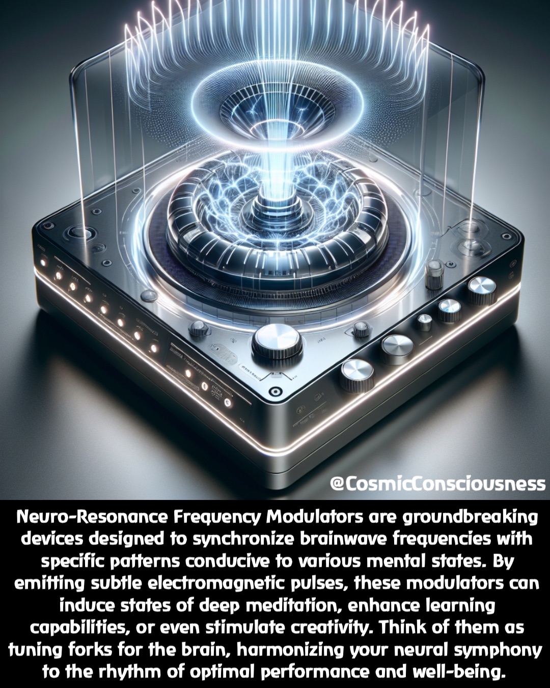 Neuro-Resonance Frequency Modulators are groundbreaking devices designed to synchronize brainwave frequencies with specific patterns conducive to various mental states. By emitting subtle electromagnetic pulses, these modulators can induce states of deep meditation, enhance learning capabilities, or even stimulate creativity. Think of them as tuning forks for the brain, harmonizing your neural symphony to the rhythm of optimal performance and well-being. @CosmicConsciousness