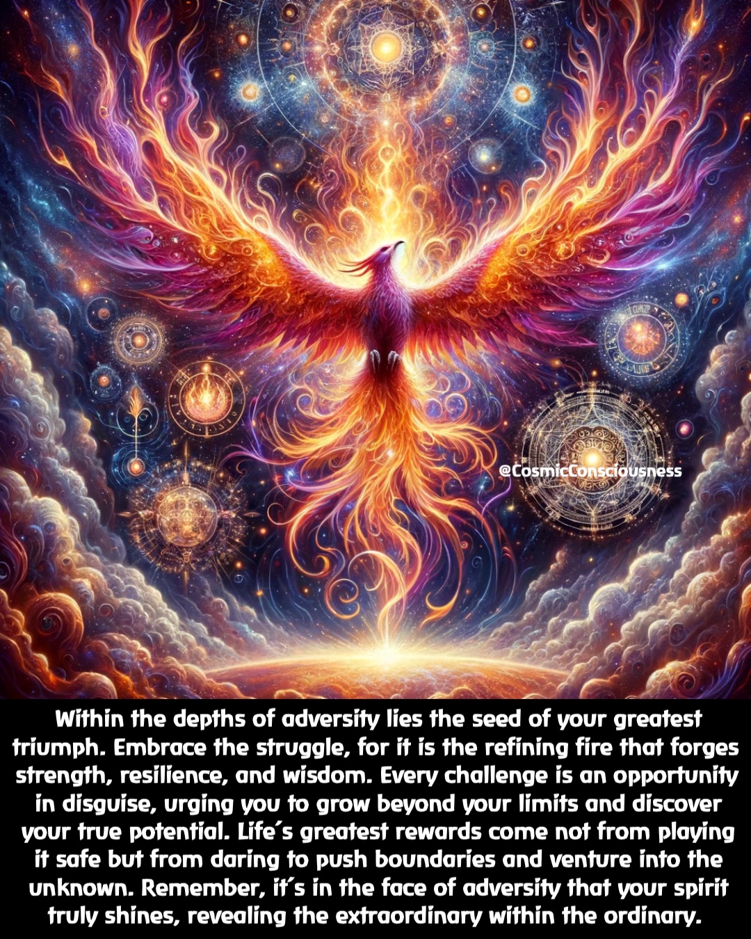 Within the depths of adversity lies the seed of your greatest triumph. Embrace the struggle, for it is the refining fire that forges strength, resilience, and wisdom. Every challenge is an opportunity in disguise, urging you to grow beyond your limits and discover your true potential. Life’s greatest rewards come not from playing it safe but from daring to push boundaries and venture into the unknown. Remember, it’s in the face of adversity that your spirit truly shines, revealing the extraordinary within the ordinary. @CosmicConsciousness