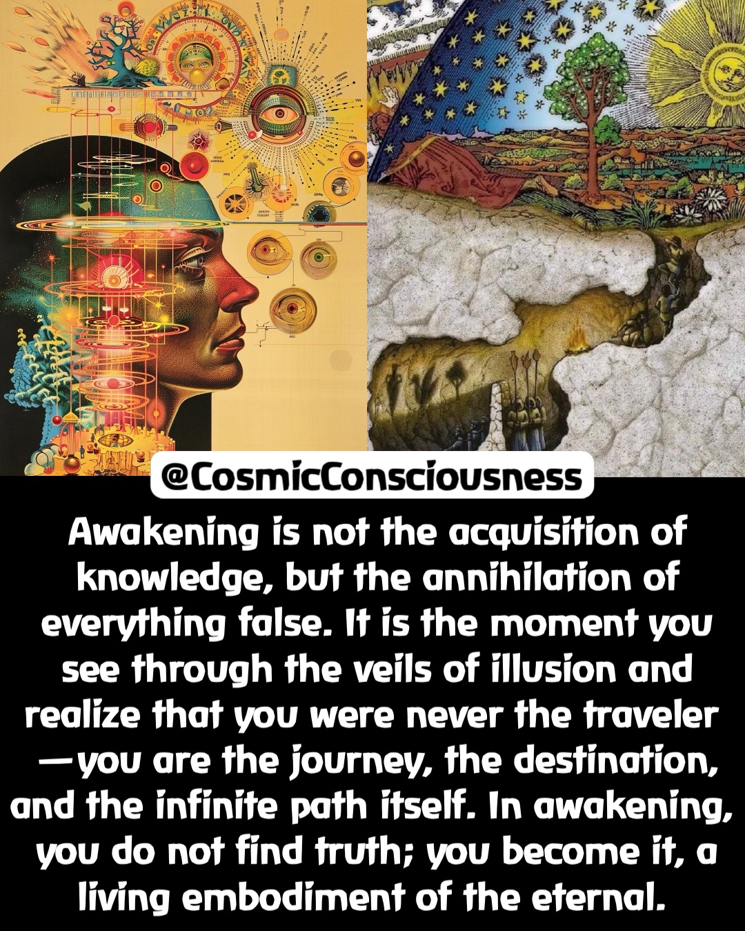 Awakening is not the acquisition of knowledge, but the annihilation of everything false. It is the moment you see through the veils of illusion and realize that you were never the traveler—you are the journey, the destination, and the infinite path itself. In awakening, you do not find truth; you become it, a living embodiment of the eternal. @CosmicConsciousness