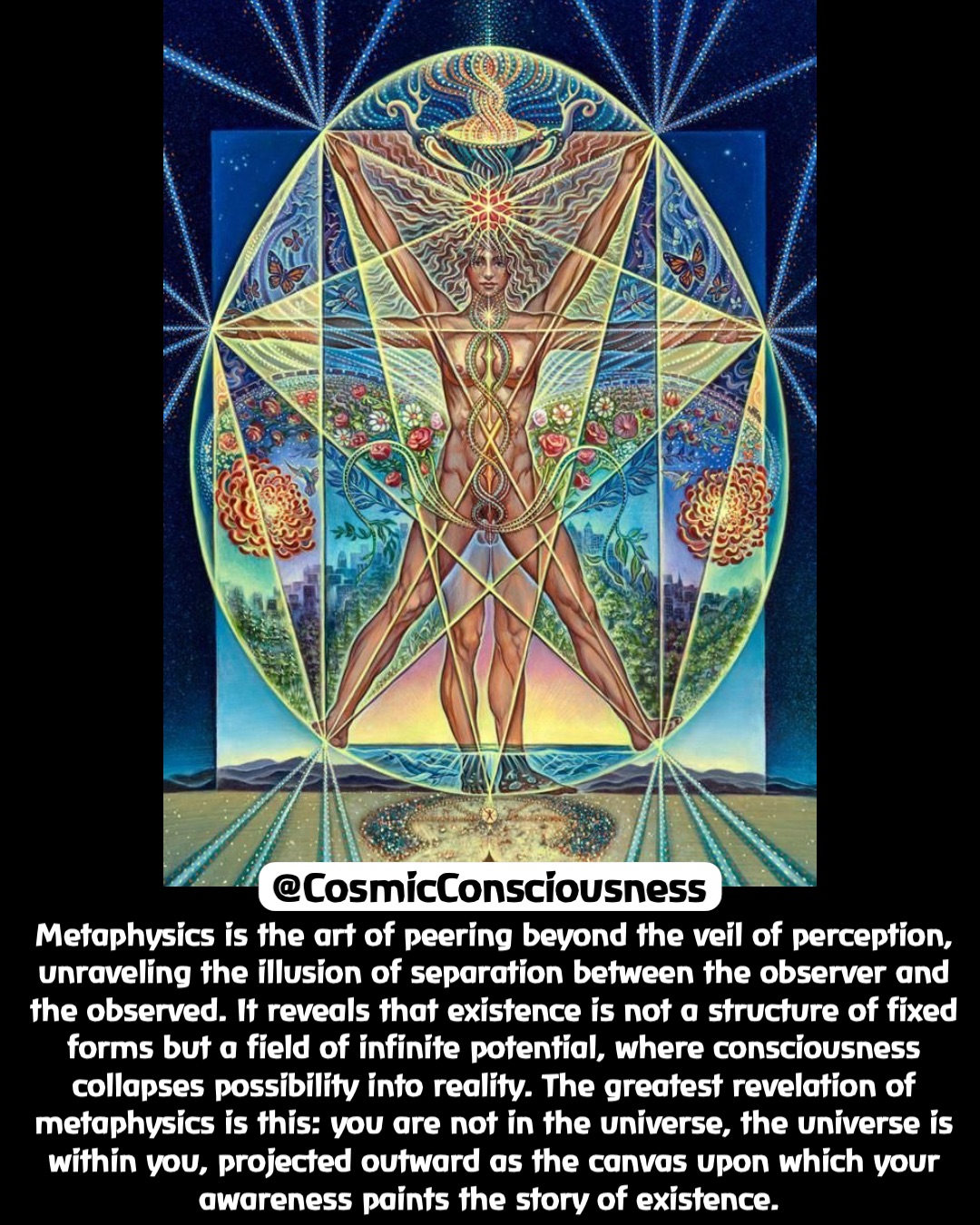 Metaphysics is the art of peering beyond the veil of perception, unraveling the illusion of separation between the observer and the observed. It reveals that existence is not a structure of fixed forms but a field of infinite potential, where consciousness collapses possibility into reality. The greatest revelation of metaphysics is this: you are not in the universe, the universe is within you, projected outward as the canvas upon which your awareness paints the story of existence. @CosmicConsciousness