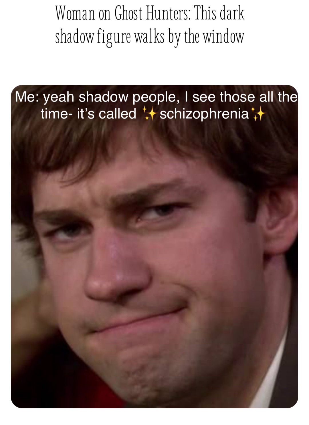 Woman on Ghost Hunters: This dark shadow figure walks by the window Me: yeah shadow people, I see those all the time- it’s called ✨schizophrenia✨