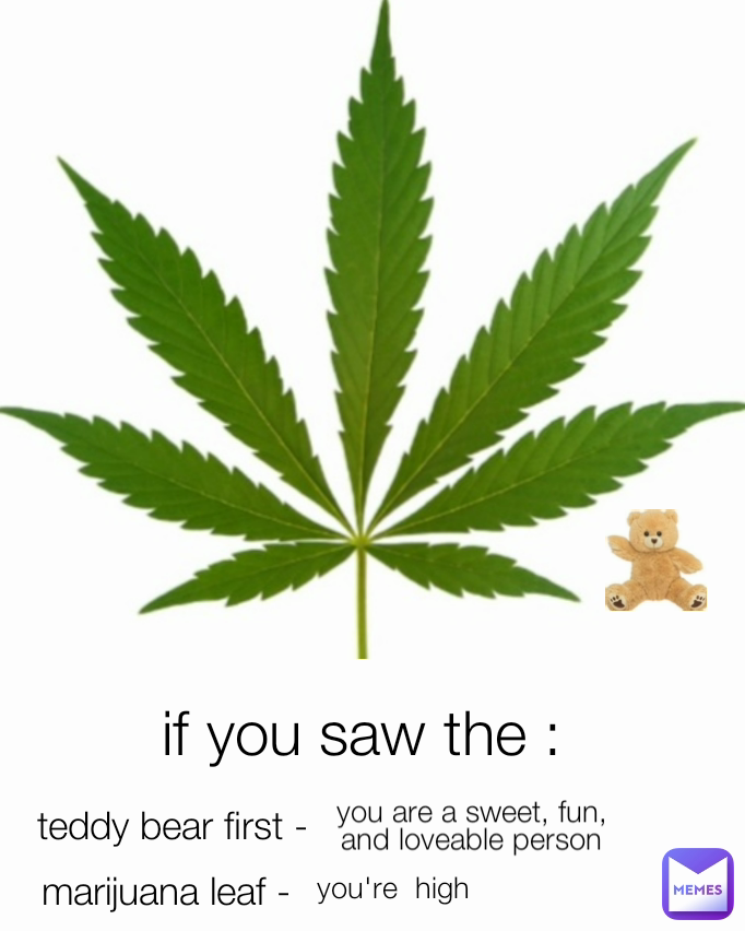you're  high

 teddy bear first - 

 you are a sweet, fun, and loveable person

 marijuana leaf - 

 if you saw the :

