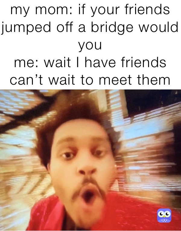 my mom: if your friends jumped off a bridge would you 
me: wait I have friends can’t wait to meet them 