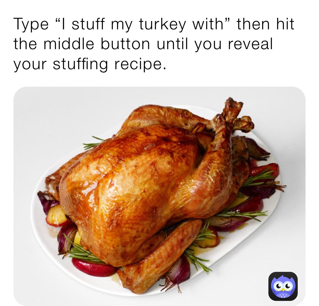 Type “I stuff my turkey with” then hit the middle button until you reveal your stuffing recipe. 