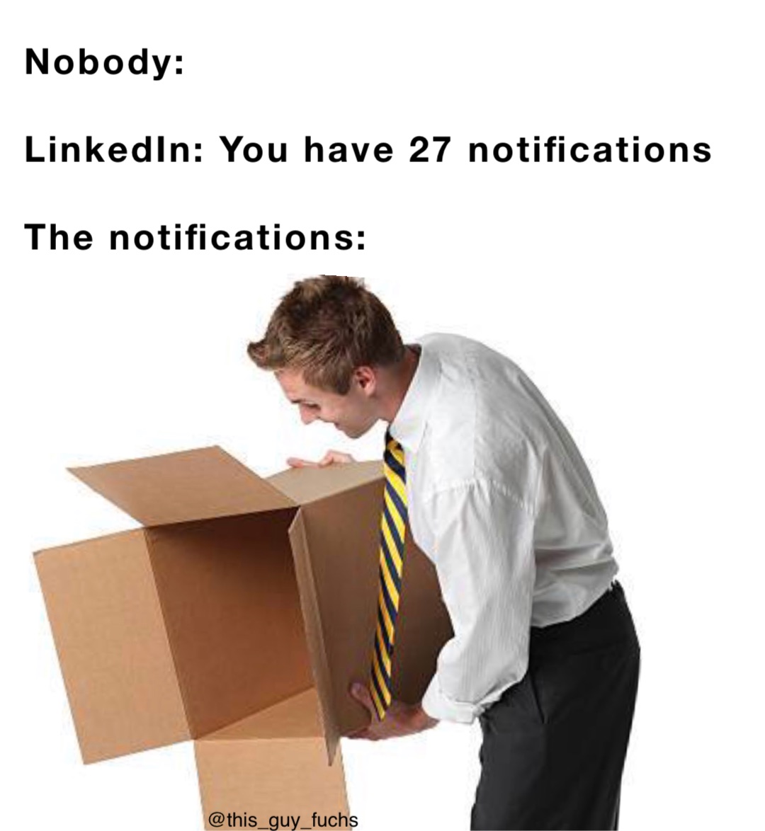 Nobody:

LinkedIn: You have 27 notifications

The notifications: