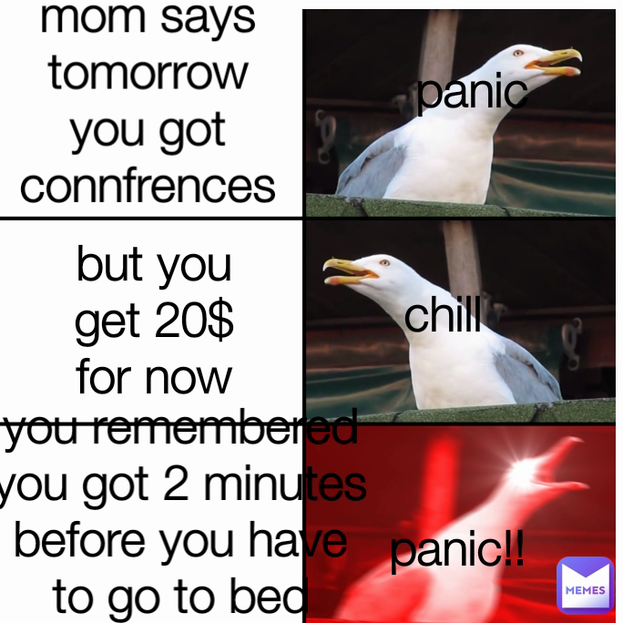 panic!! panic chill but you get 20$ for now mom says tomorrow you got  connfrences you remembered you got 2 minutes before you have to go to bed |  @Deelol | Memes