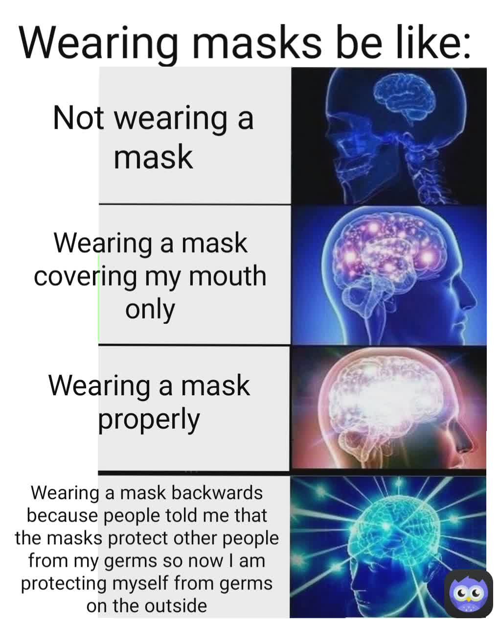 Wearing masks be like:
 Wearing a mask covering my mouth only Not wearing a mask
 Wearing a mask properly Wearing a mask backwards because people told me that the masks protect other people from my germs so now I am protecting myself from germs on the outside
