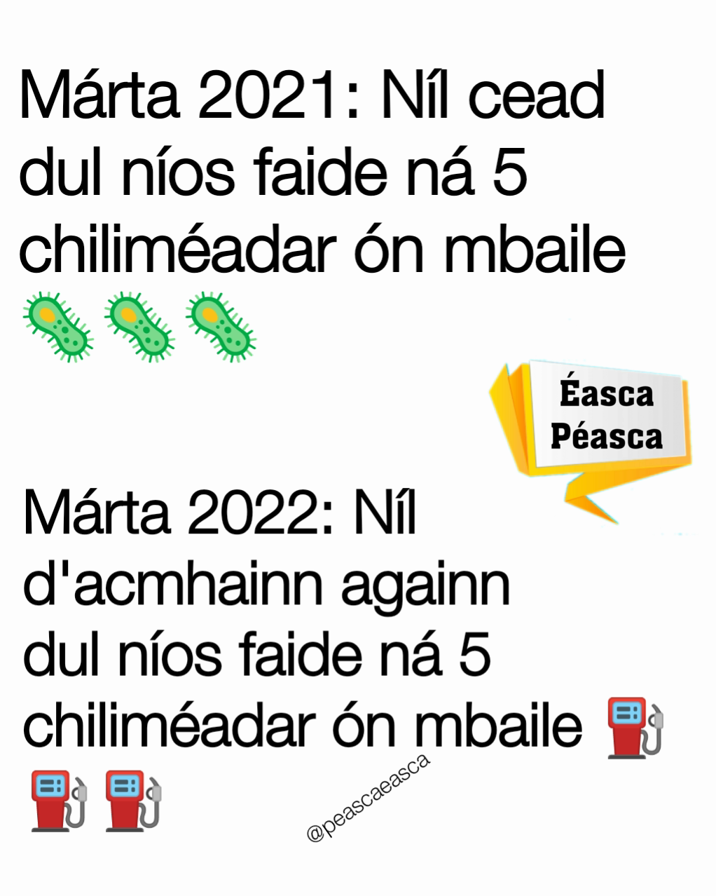 Márta 2022: Níl d'acmhainn againn dul níos faide ná 5 chiliméadar ón mbaile ⛽⛽⛽ Márta 2021: Níl cead dul níos faide ná 5 chiliméadar ón mbaile 🦠🦠🦠 @peascaeasca 