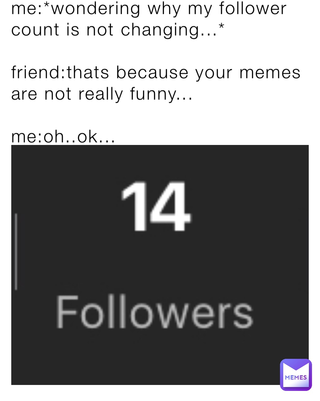 me:*wondering why my follower count is not changing...*

friend:thats because your memes are not really funny...

me:oh..ok...