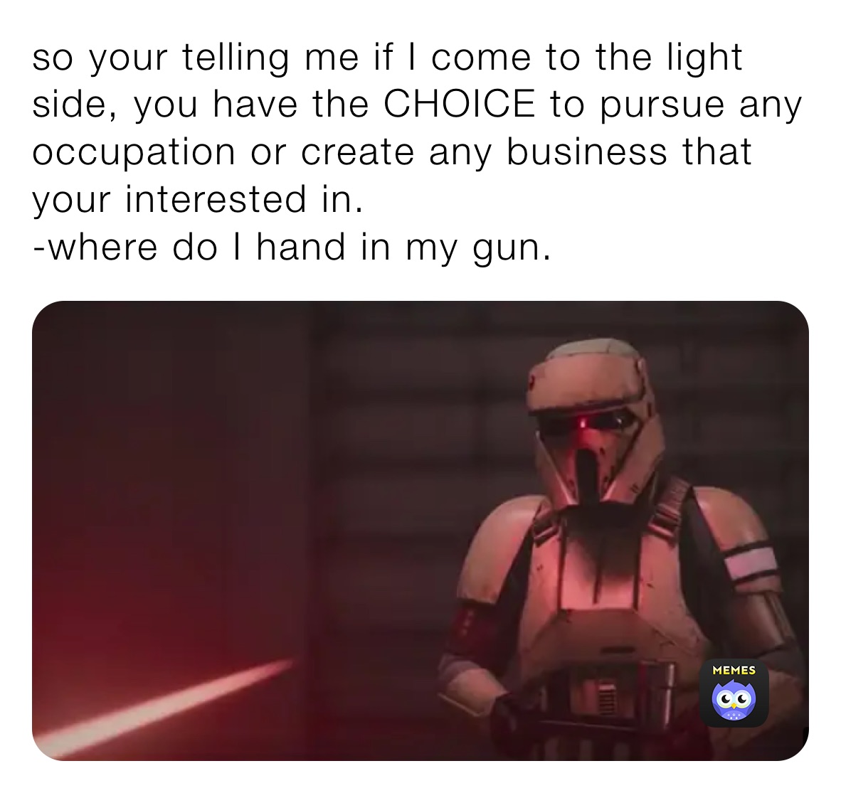 so your telling me if I come to the light side, you have the CHOICE to pursue any occupation or create any business that your interested in.
-where do I hand in my gun.