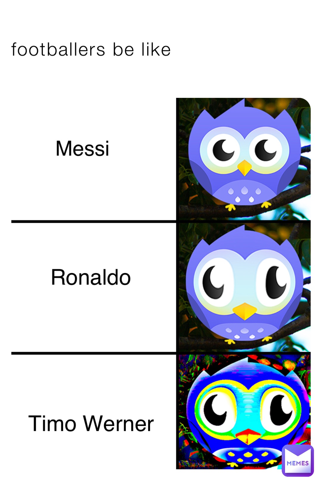 footballers be like Messi Ronaldo Timo Werner