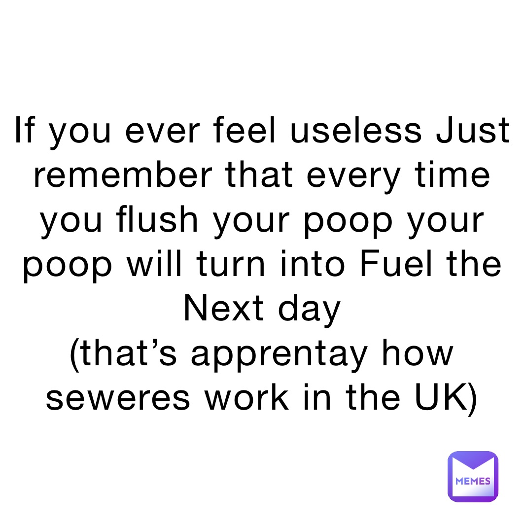 If you ever feel useless Just remember that every time you flush your poop your poop will turn into Fuel the Next day 
(that’s apprentay how seweres work in the UK)