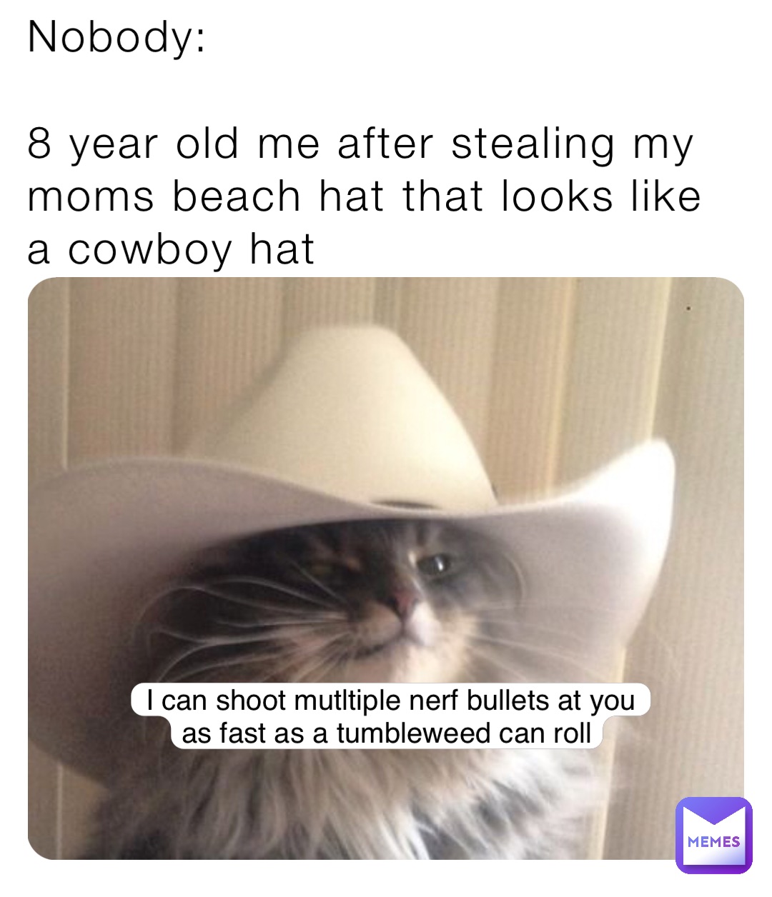 Nobody:

8 year old me after stealing my moms beach hat that looks like a cowboy hat I can shoot mutltiple nerf bullets at you as fast as a tumbleweed can roll