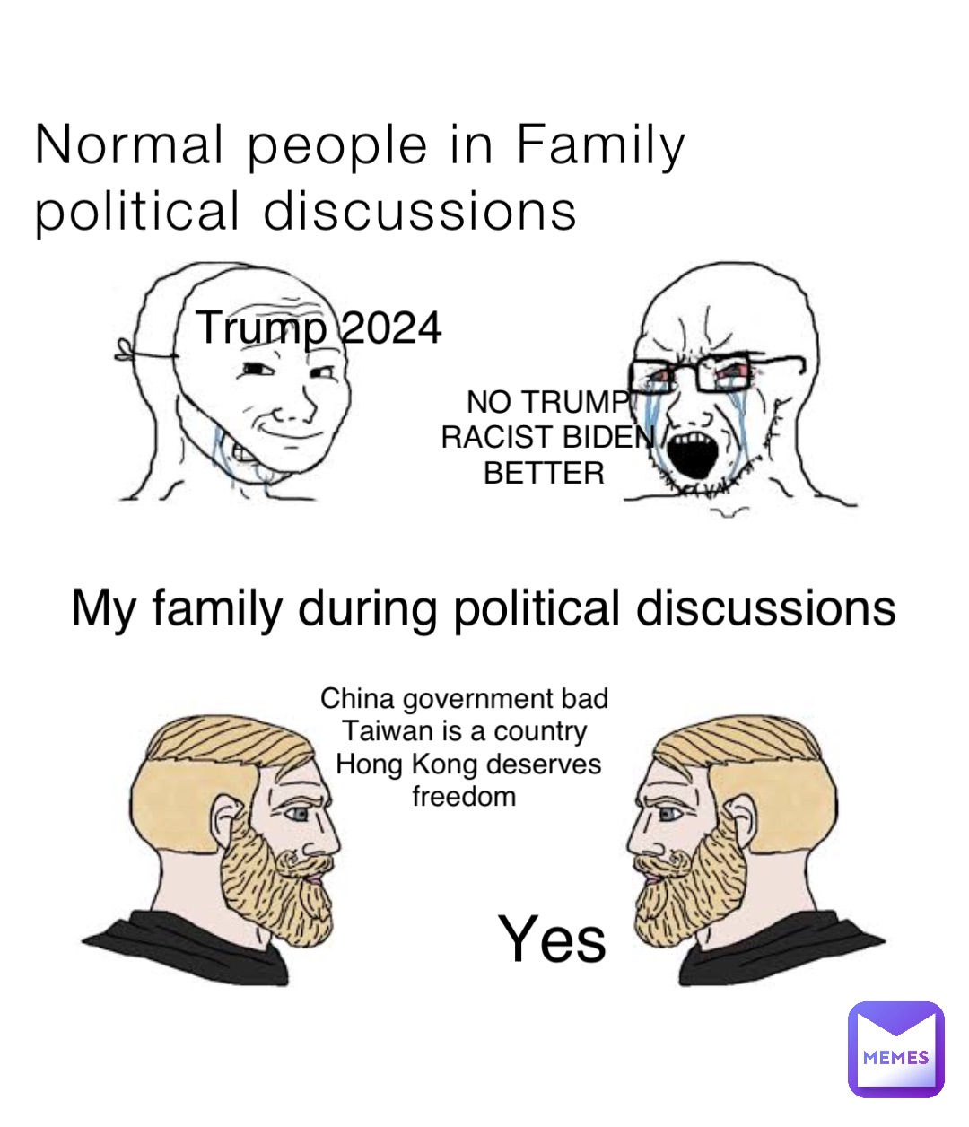 Normal people in Family political discussions Trump 2024 NO TRUMP 
RACIST BIDEN 
BETTER My family during political discussions China government bad
Taiwan is a country
Hong Kong deserves freedom Yes