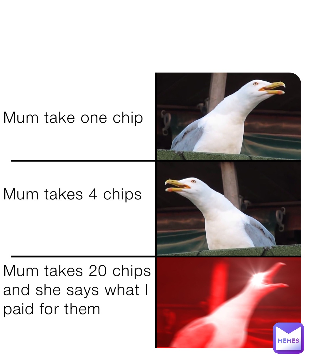 Mum take one chip



Mum takes 4 chips 



Mum takes 20 chips and she says what I paid for them