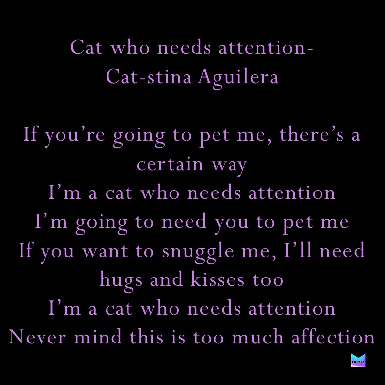 Cat who needs attention-
Cat-stina Aguilera

If you’re going to pet me, there’s a certain way
I’m a cat who needs attention 
I’m going to need you to pet me
If you want to snuggle me, I’ll need hugs and kisses too
I’m a cat who needs attention
Never mind this is too much affection