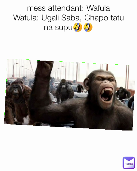 mess attendant: Wafula
Wafula: Ugali Saba, Chapo tatu na supu🤣🤣