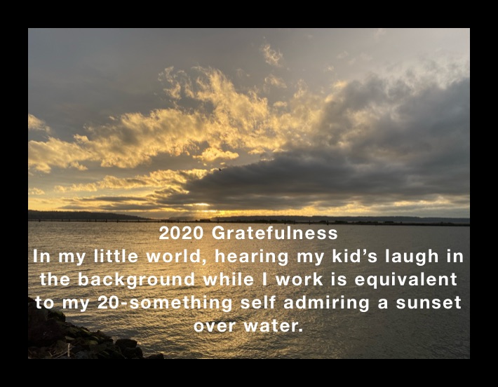 2020 Gratefulness 
In my little world, hearing my kid’s laugh in the background while I work is equivalent to my 20-something self admiring a sunset over water.

