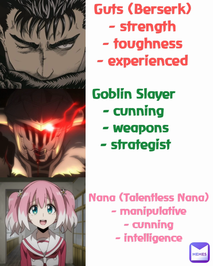 Goblin Slayer 
- cunning 
- weapons
- strategist 
Nana (Talentless Nana)
- manipulative
- cunning
- intelligence Guts (Berserk)
- strength
- toughness
- experienced