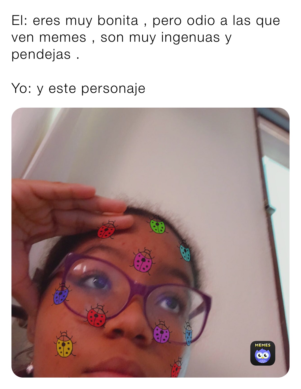 El: eres muy bonita , pero odio a las que ven memes , son muy ingenuas y pendejas . 

Yo: y este personaje 