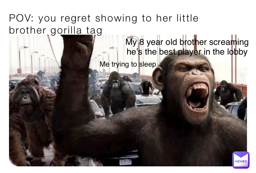 POV: you regret showing to her little brother gorilla tag Me trying to sleep My 8 year old brother screaming he’s the best player in the lobby