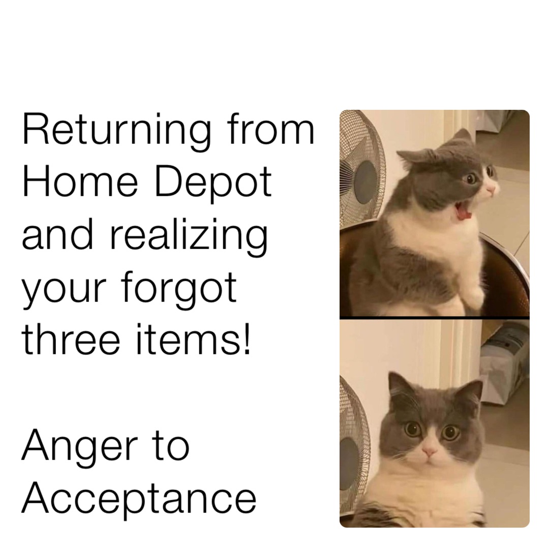 Returning from Home Depot
and realizing your forgot three items!

Anger to Acceptance