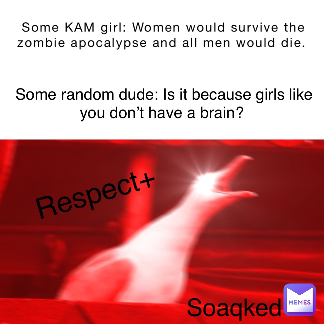 Some KAM girl: Women would survive the zombie apocalypse and all men would die. Some random dude: Is it because girls like you don’t have a brain? Respect+ Soaqked