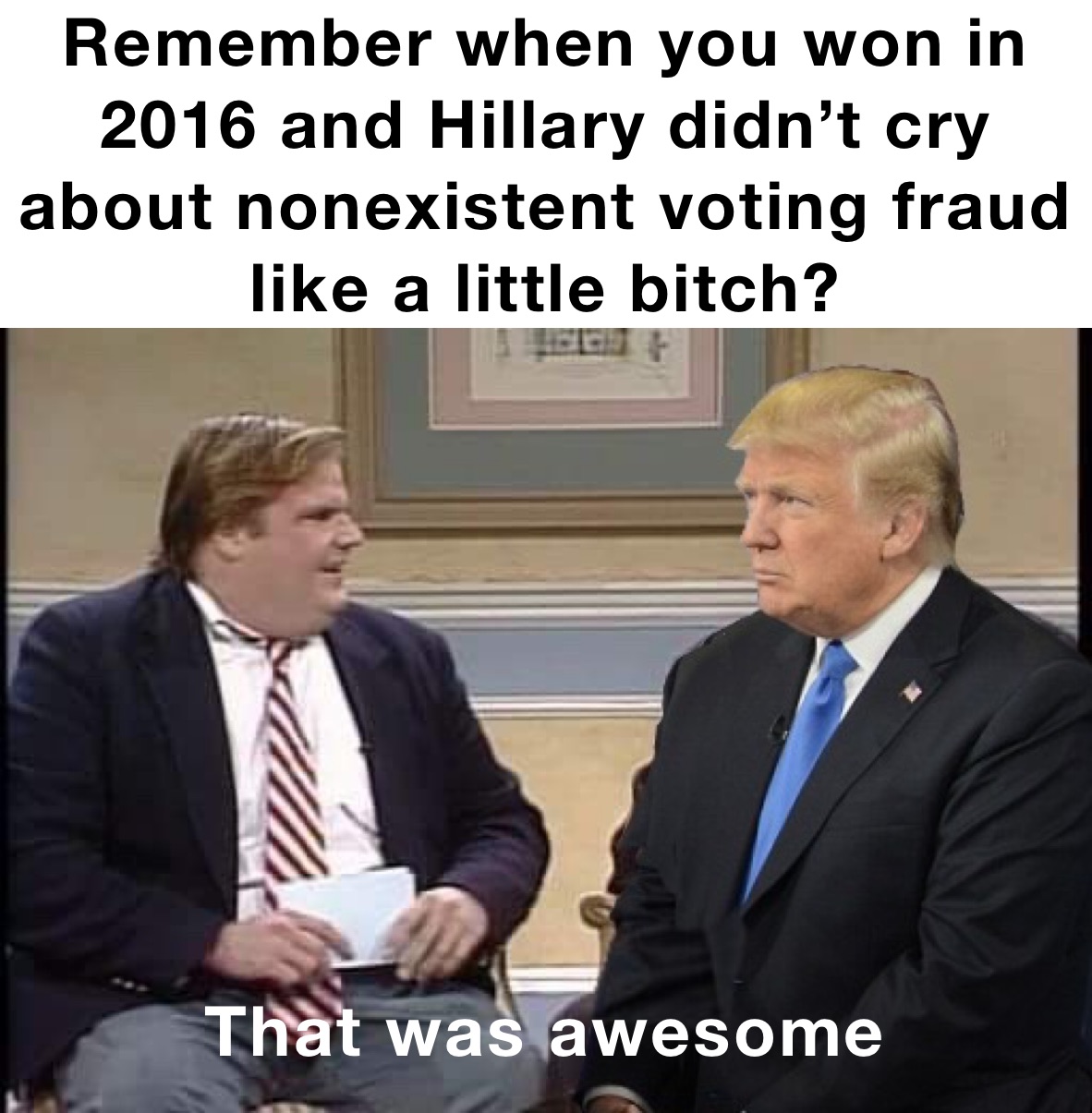 Remember when you won in 2016 and Hillary didn’t cry about nonexistent voting fraud like a little bitch? That was awesome