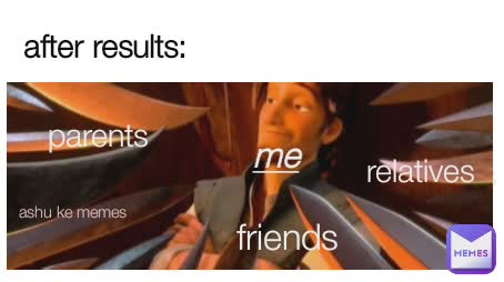 after results: me my relatives parents friends friends parents relatives me ashu ke memes