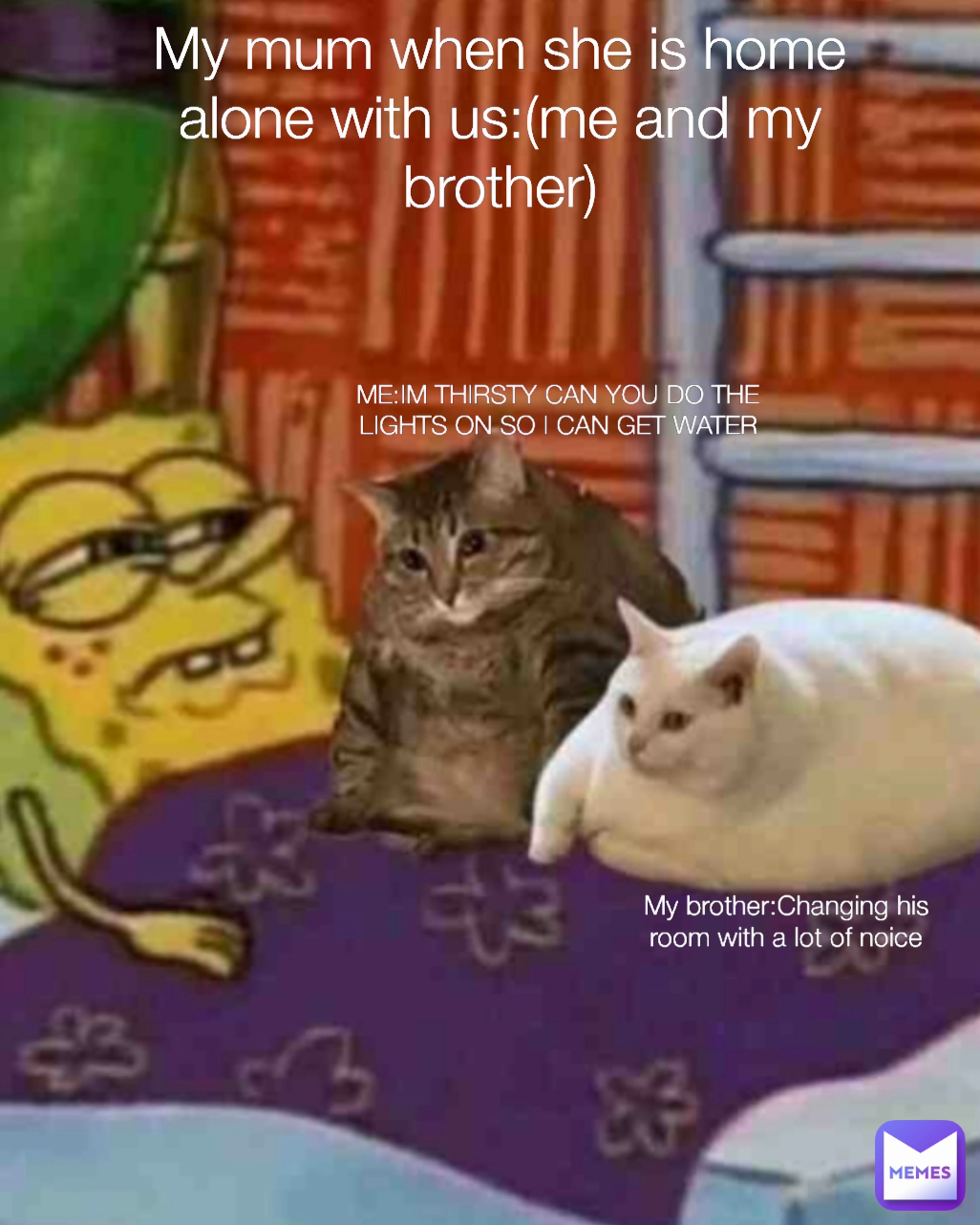 Type Text My mum when she is home alone with us:(me and my brother) ME:IM THIRSTY CAN YOU DO THE LIGHTS ON SO I CAN GET WATER My brother:Changing his room with a lot of noice